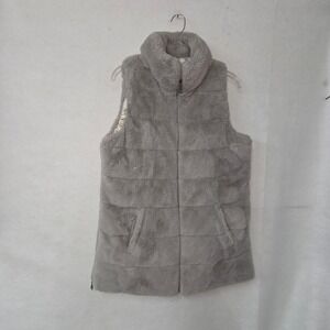 Evereve Women's Taupe Grey Faux Fur Down Puffer Vest Zip Front Mock Neck Size S